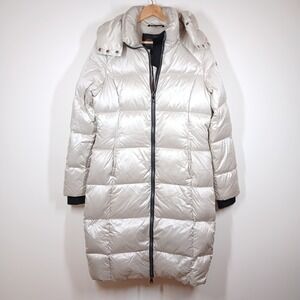 Pajar Canada Puffer Coat Womens Large Silver Long Hooded Winter Ski Gorpcore